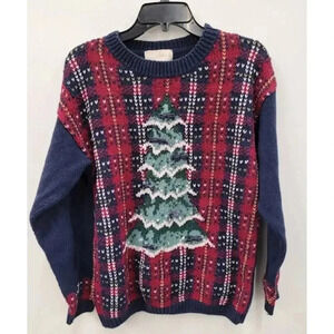 Vintage Christmas Tree Cotton Plaid Ugly Christmas Sweater - M 🎄